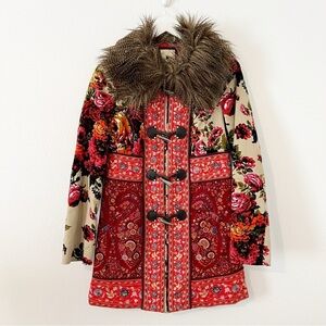 Anthropologie Karelia Coat Elevenses Jacket Red Floral Zip Fur Collar Size 6